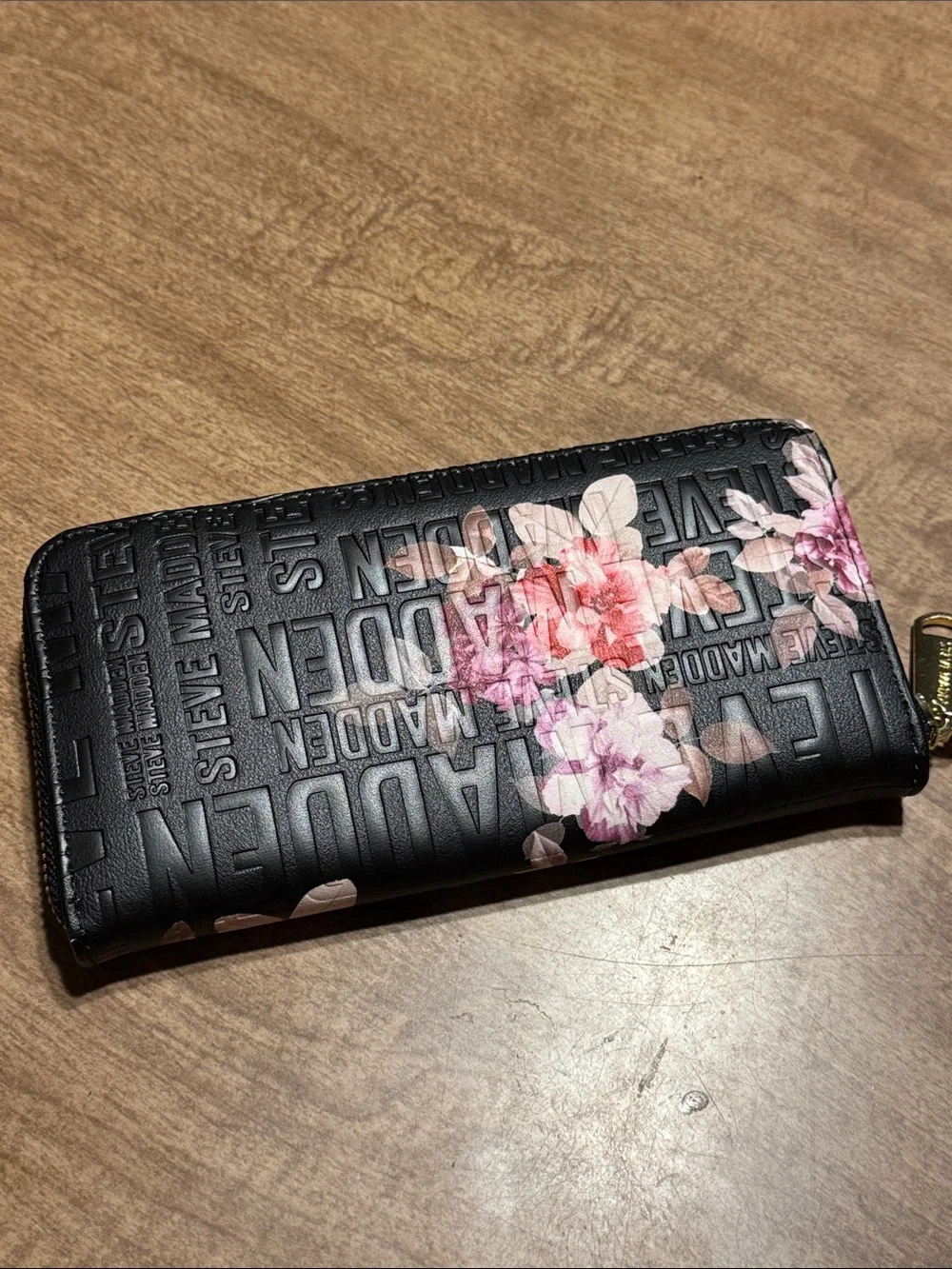 Steve Madden Black Wallet with Pink Floral Print and Gold Hardware